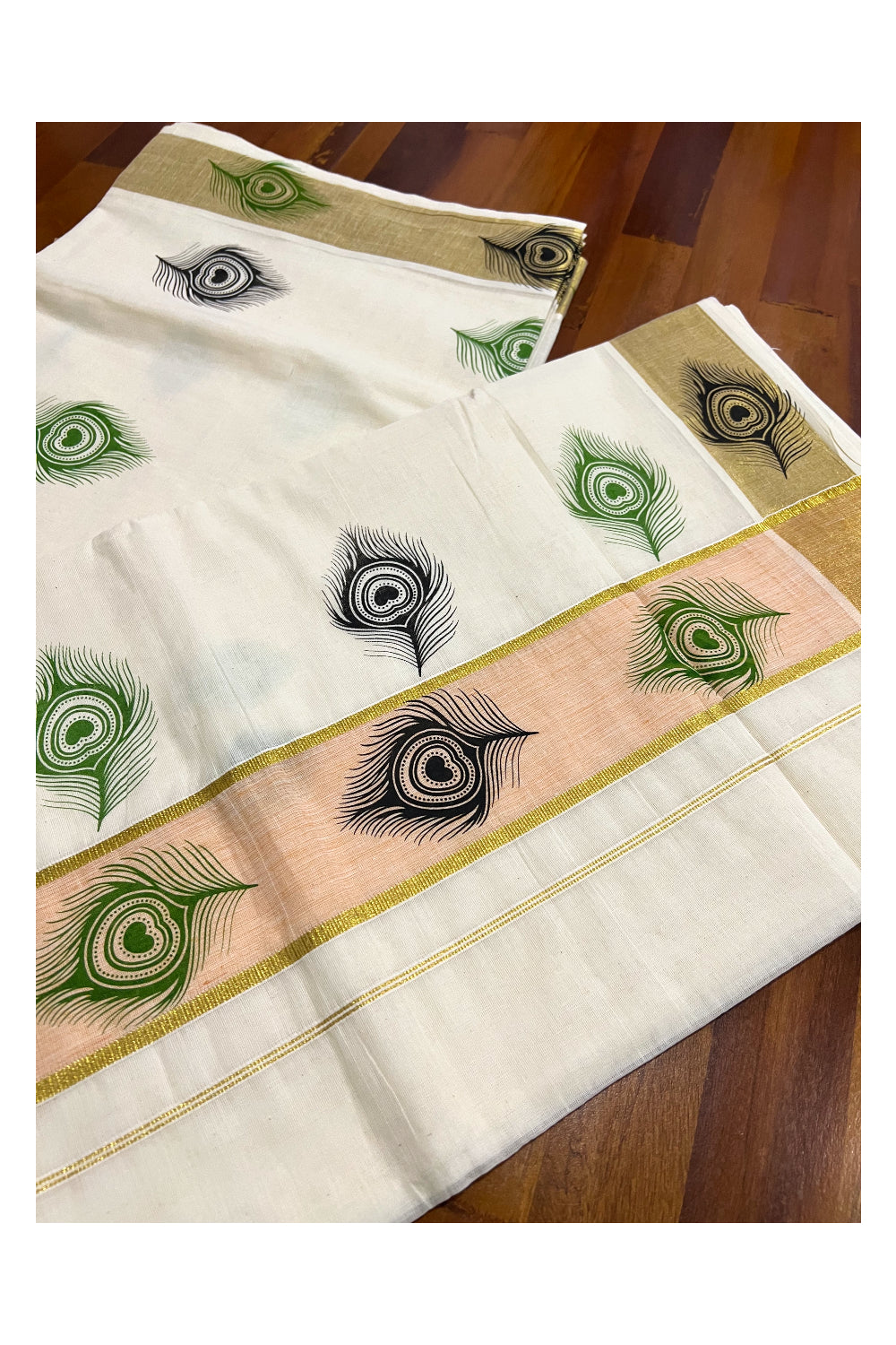 Pure Cotton Kerala Kasavu Saree with Green and Black Feather Block Printed Design