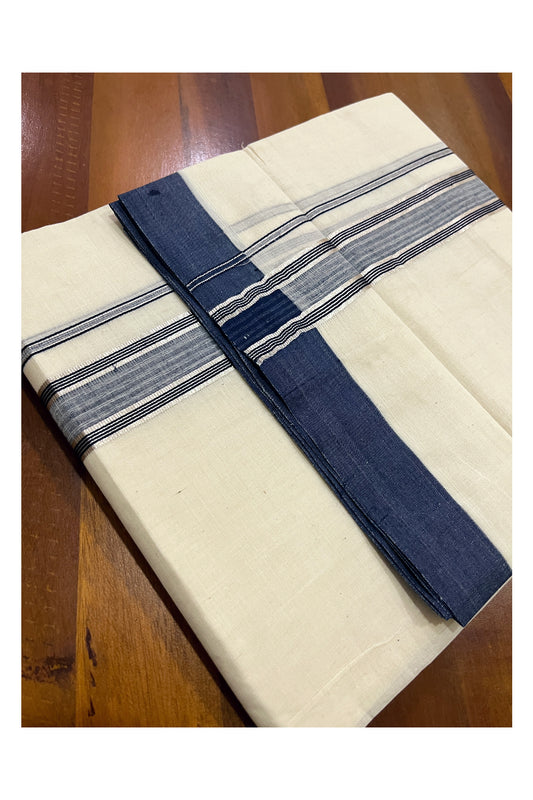 Pure Cotton Off White Double Mundu with Navy Blue and Silver Kara (South Indian Dhoti)