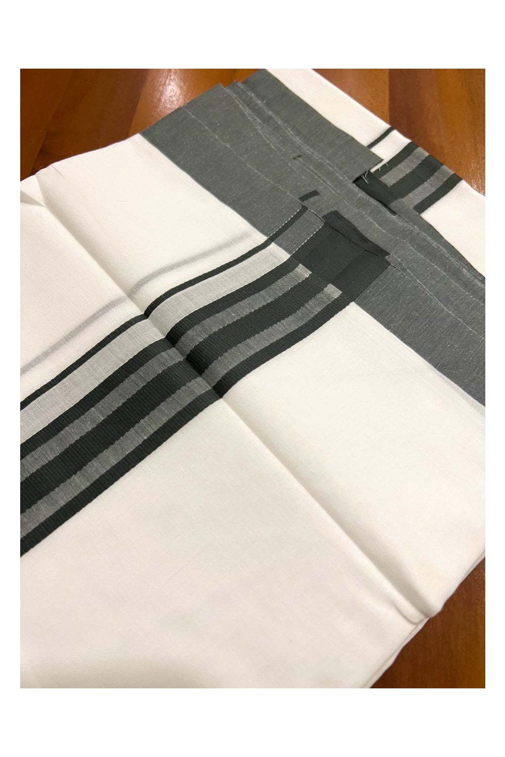 Pure White Cotton Double Mundu with Greenish Grey Line Border (South Indian Dhoti)