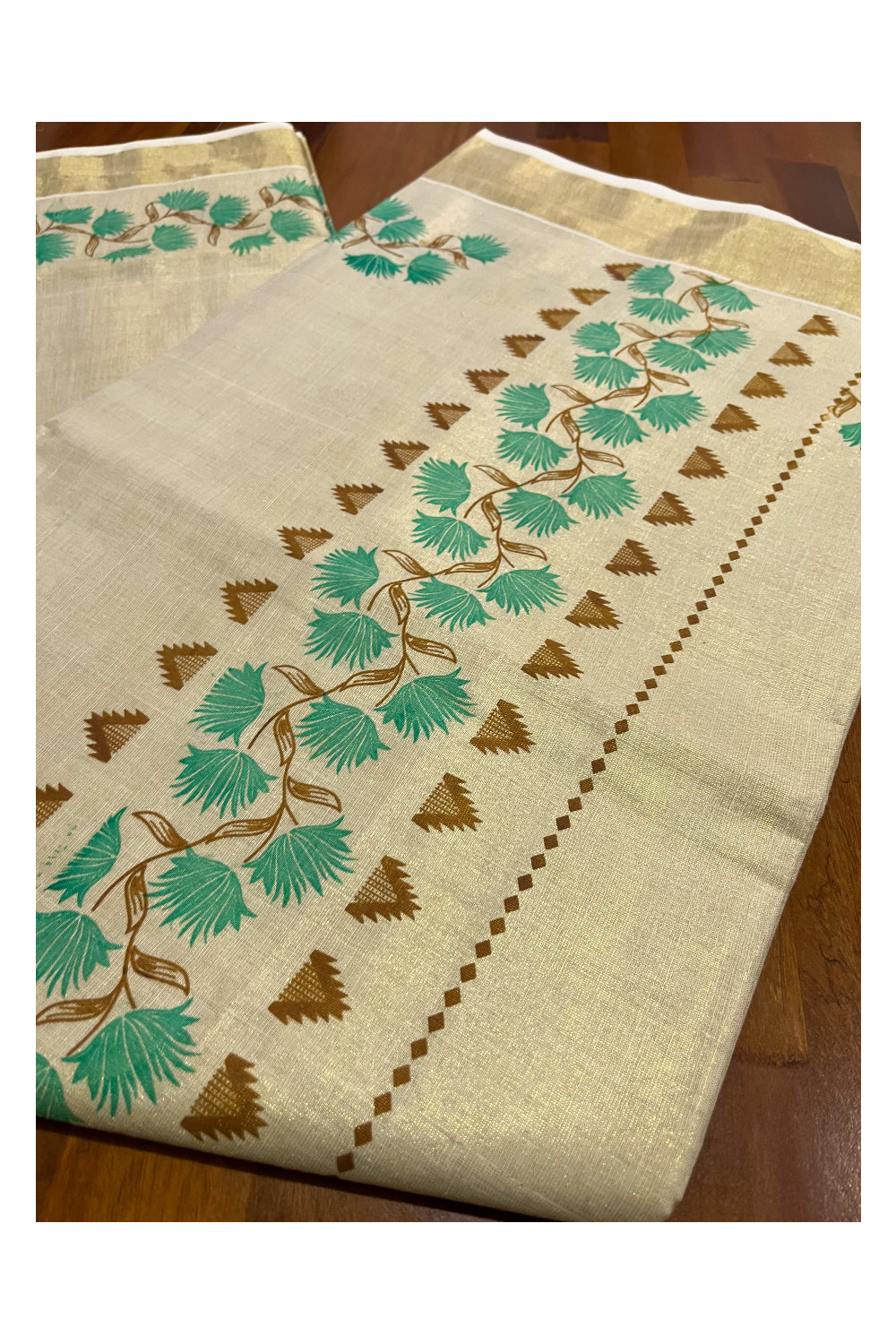 Kerala Tissue Kasavu Saree with Brown Turquoise Floral Block Printed Design Border