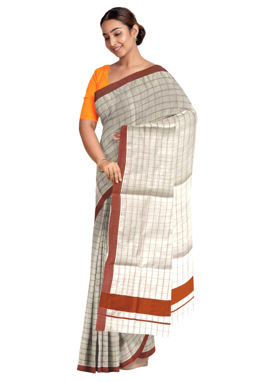 Kerala Pure Cotton Orange Woven Check Saree with 3 inch Border