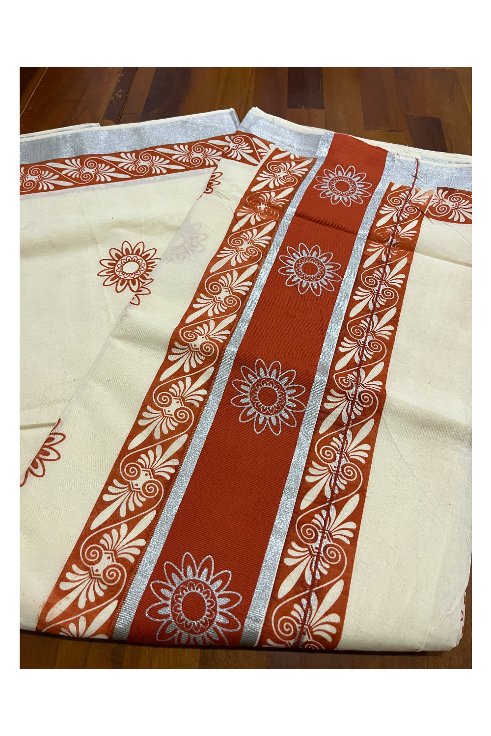 Pure Cotton Kerala Saree with Orange Block Prints and Silver Kasavu Border (Onam Saree 2023)