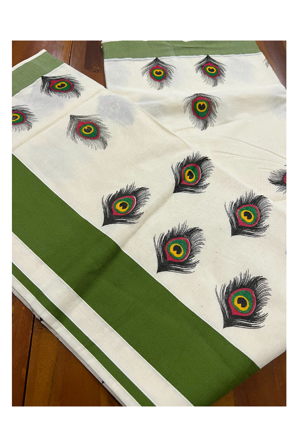 Kerala Pure Cotton Saree with Mural Printed Feather Design and Green Border