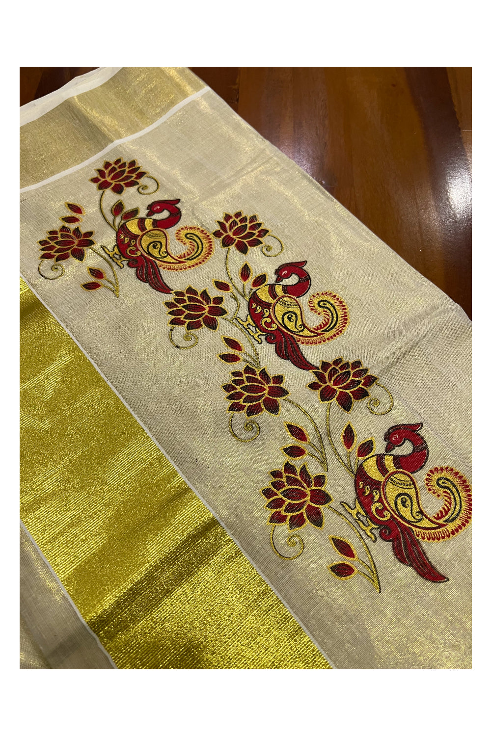 Kerala Tissue Kasavu Saree With Mural Red Peacock and Floral Printed Design
