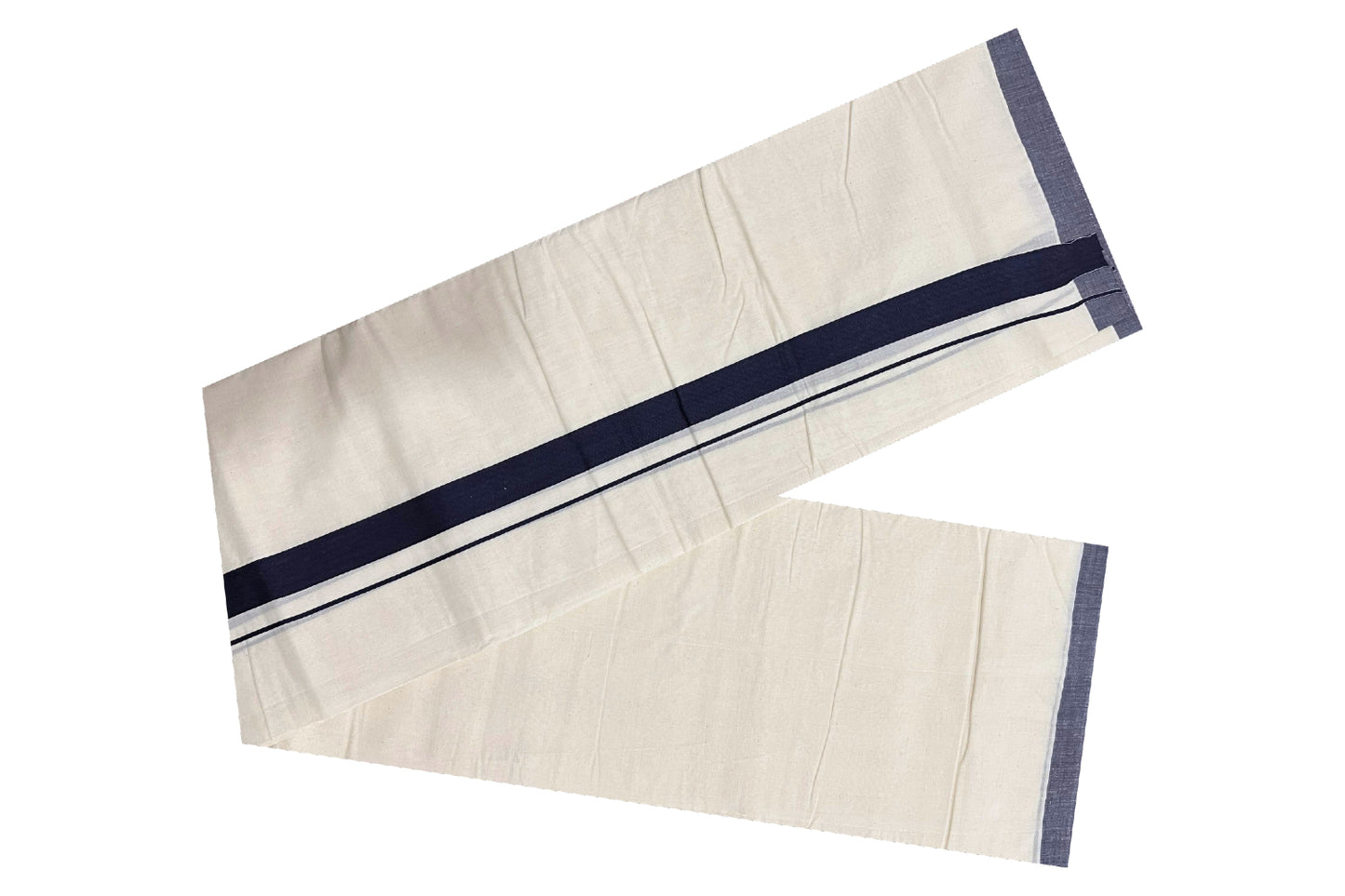 Off White Pure Cotton Double Mundu with Navy Blue Kara (South Indian Dhoti)