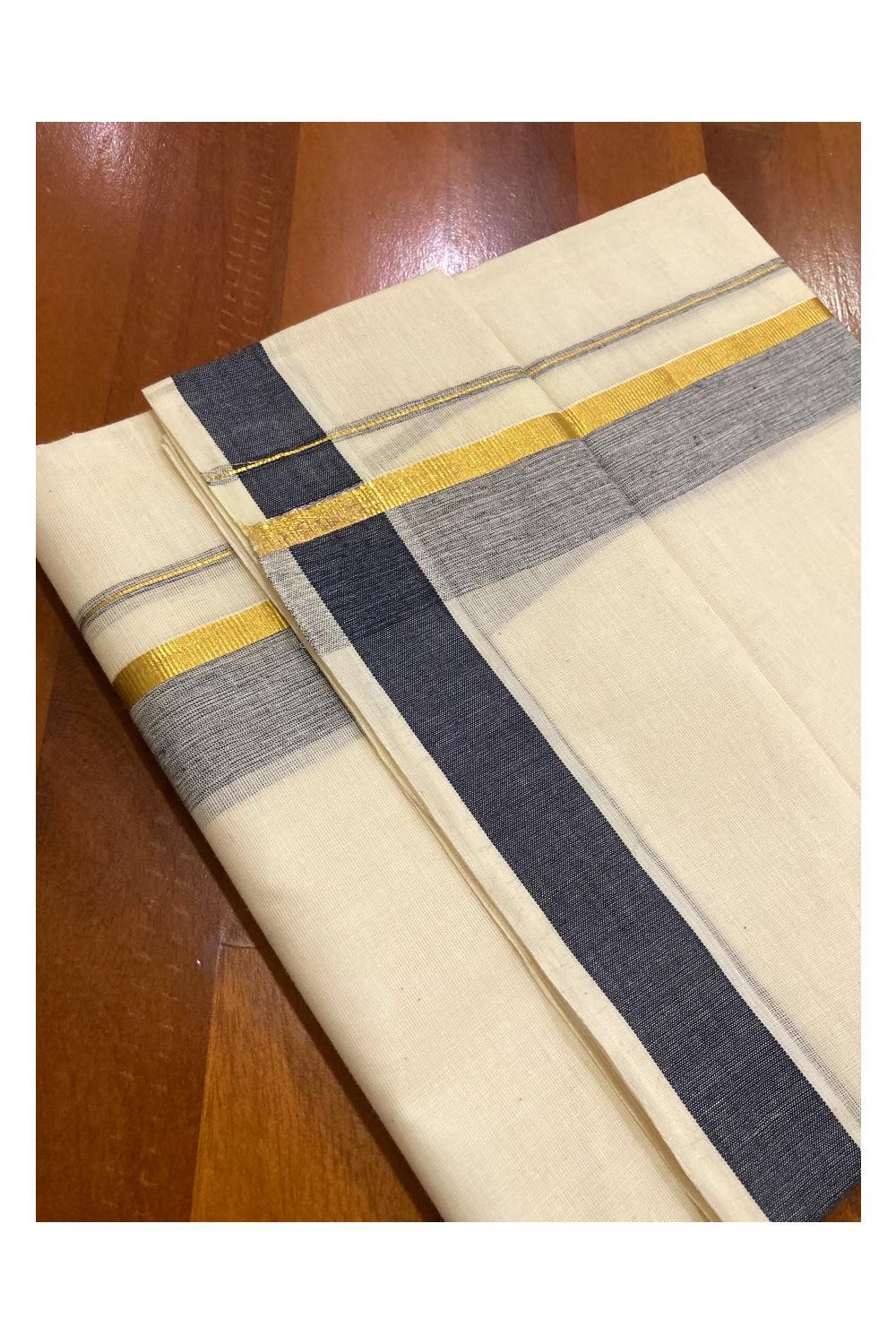 Pure Cotton Off White Double Mundu with Black and Kasavu Border (South Indian Dhoti)