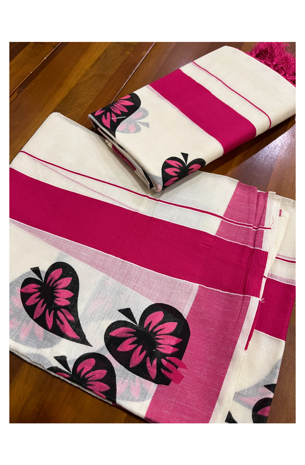 Kerala Cotton Set Mundu (Mundum Neriyathum) with Leaf Block Prints on Magenta Border and Tassels Works