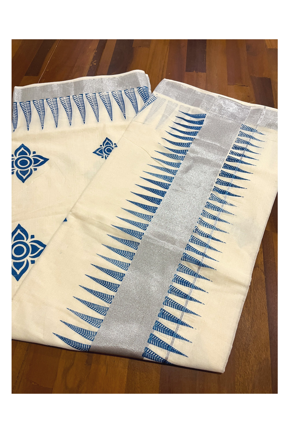 Pure Cotton Kerala Saree with Blue Temple Block Prints and Silver Kasavu Border (Onam Saree 2023)