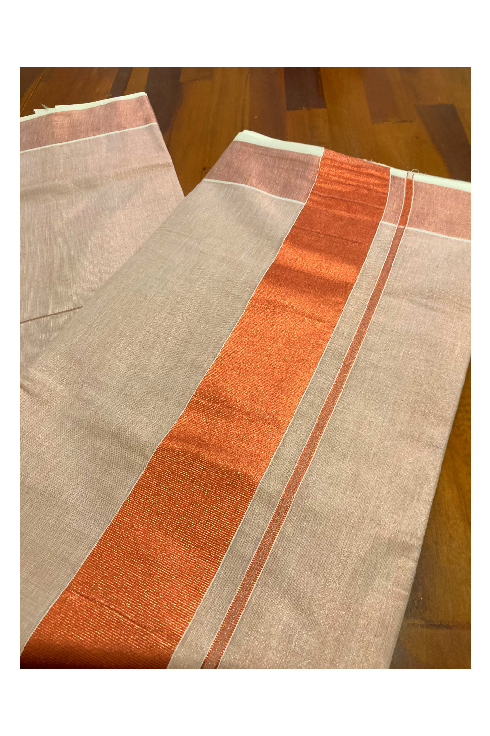 Kerala Plain Copper Tissue Kasavu Saree with 3 inch Pallu