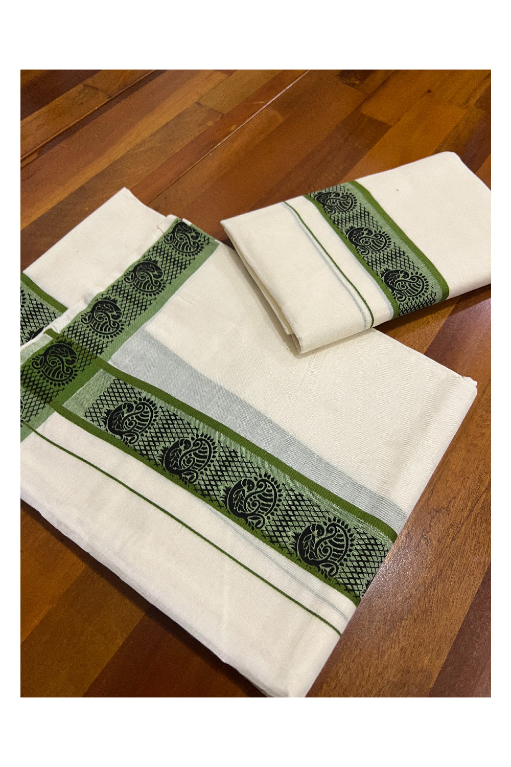 Kerala Cotton Set Mundu (Mundum Neriyathum) with Green Peacock Block Printed Border