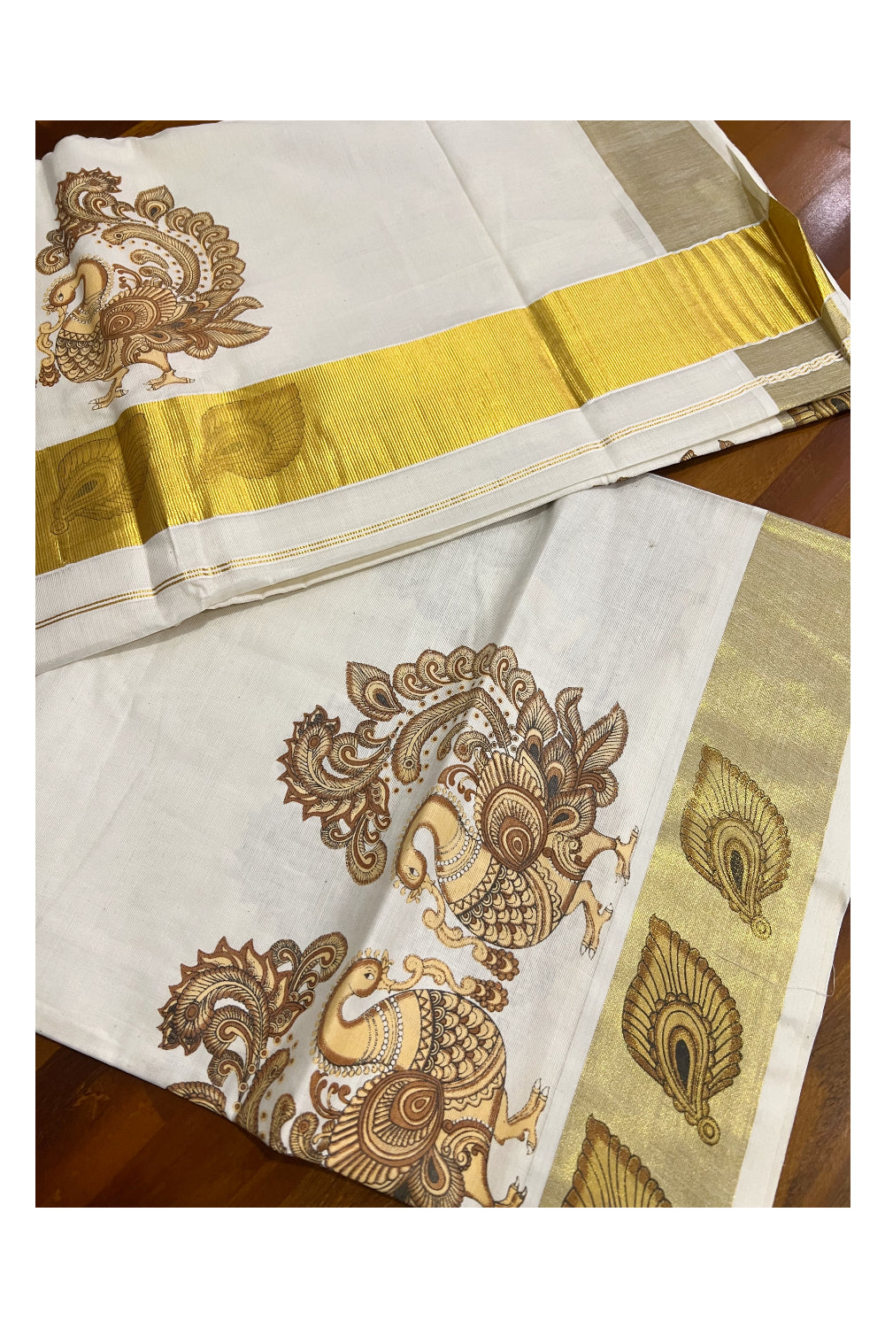 Pure Cotton Kerala Kasavu Saree with Mural Printed Brown Peacock Art Design