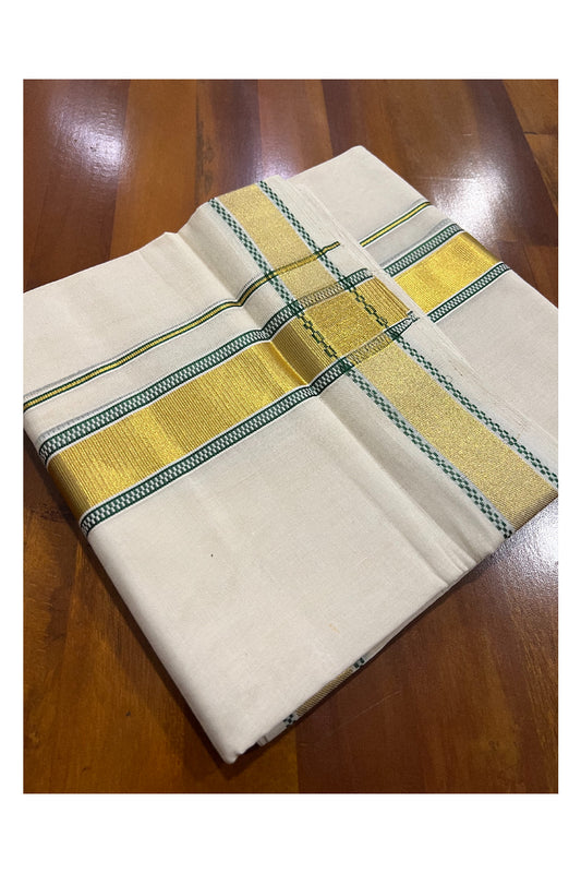 Southloom Balaramapuram Handloom Pure Cotton Mundu with Kasavu and Green Design Border (South Indian Dhoti)