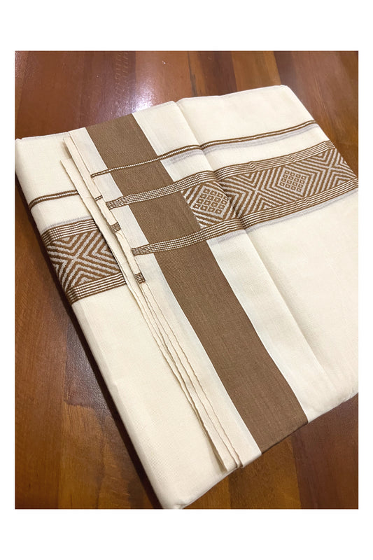 Pure Cotton Off White Double Mundu with Silver Kasavu and Brown Woven Border (South Indian Dhoti)