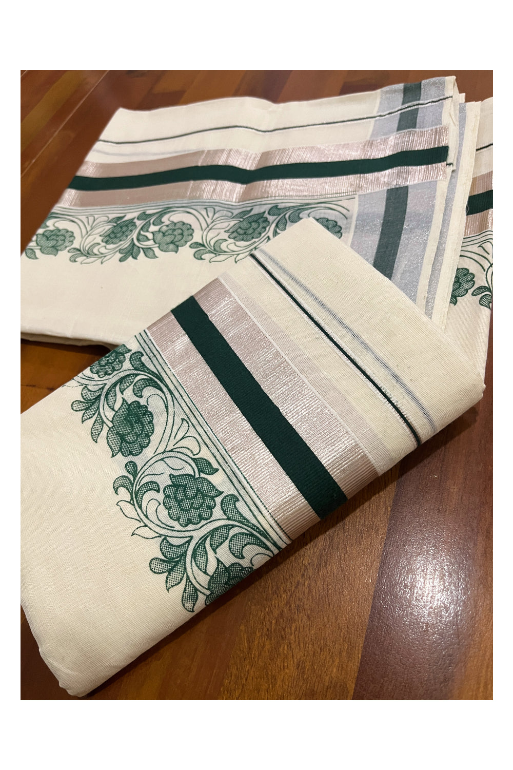 Pure Cotton Single Set Mundu (Mundum Neriyathum Vishu 2023) with Silver Kasavu and Green Floral Block Prints 2.80 Mtrs