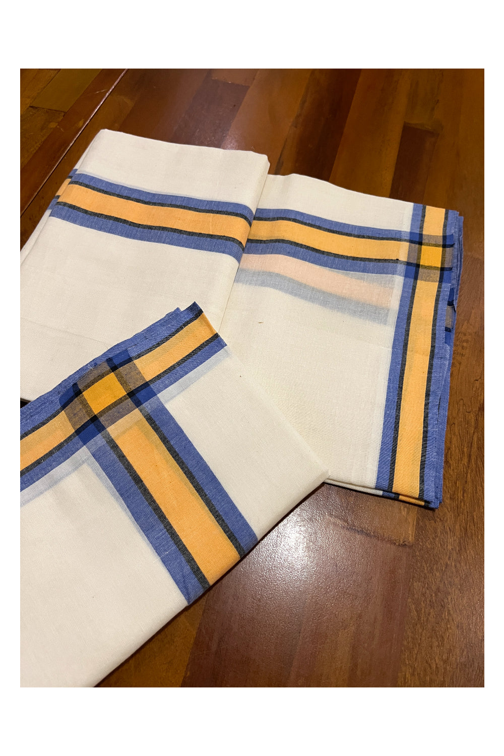 Kerala Cotton Mulloth Mundum Neriyathum Single (Set Mundu) with Yellow and Violet Border (Extra Soft Cotton)