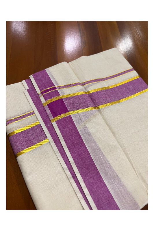 Off White Kerala Double Mundu with Kasavu and Magenta Border (South Indian Dhoti)