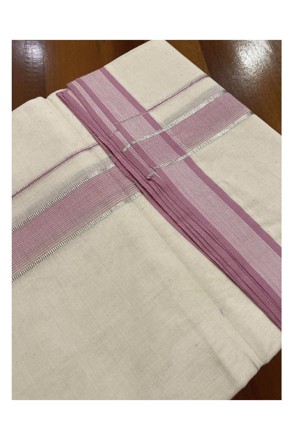 Southloom Balaramapuram Unakkupaavu Premium Handloom Mundu with Pink and SIlver Kasavu Border