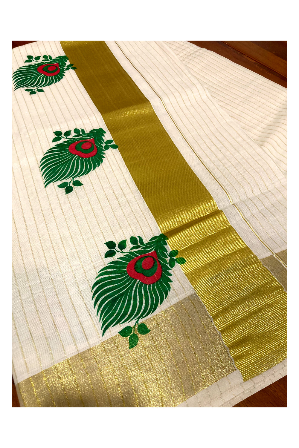 Pure Cotton Kerala Kasavu Lines Saree with Green and Red Block Prints on Border