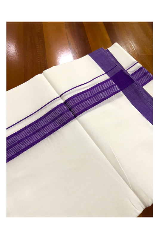 Pure White Cotton Double Mundu with Violet Border (South Indian Dhoti)