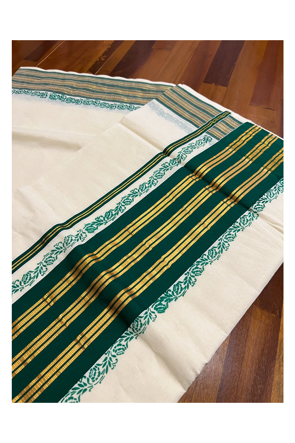 Pure Cotton Kerala Saree with Kasavu and Dark Green Floral Block Prints on Border