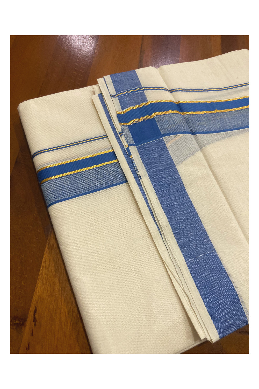 Pure Cotton Double Mundu with Blue and Kasavu Border (South Indian Dhoti)