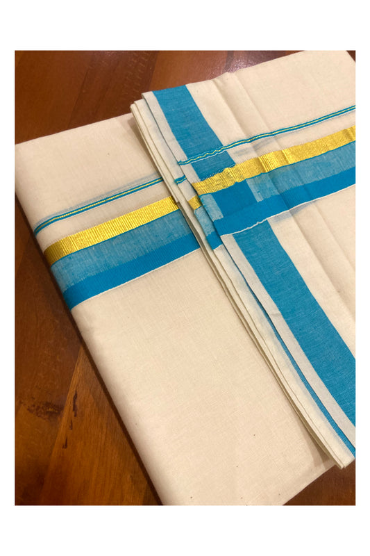 Pure Cotton Double Mundu with Blue and Kasavu Border (South Indian Dhoti)