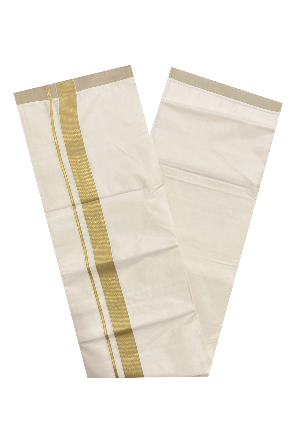 Off White Kerala Double Mundu with Kasavu and Olive Yellow Line Border (South Indian Dhoti)