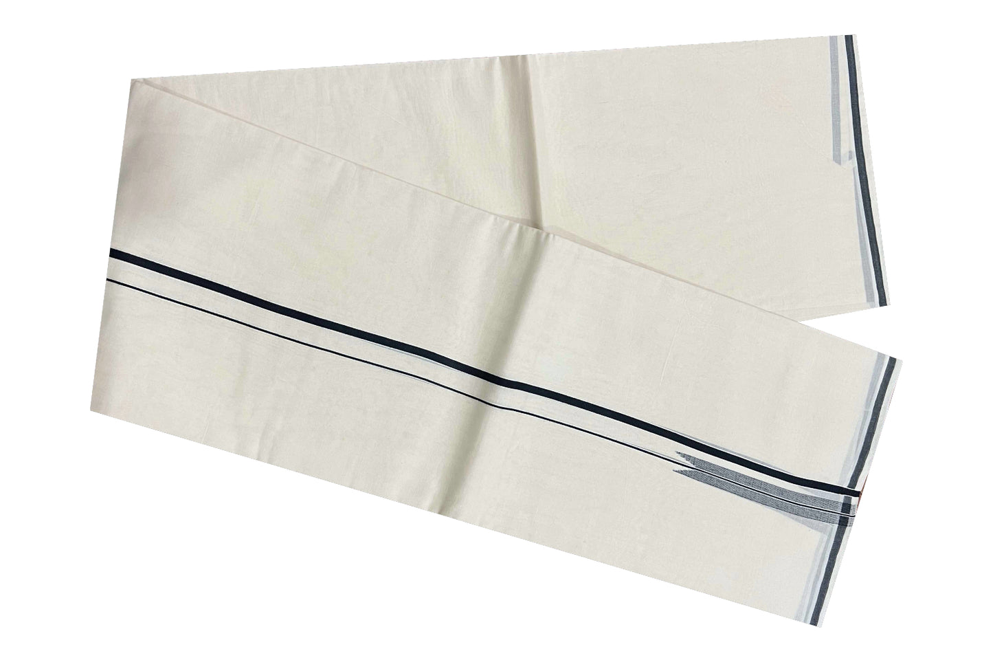 Off White Pure Cotton Double Mundu with Black Puliyilakkara Border (South Indian Dhoti)