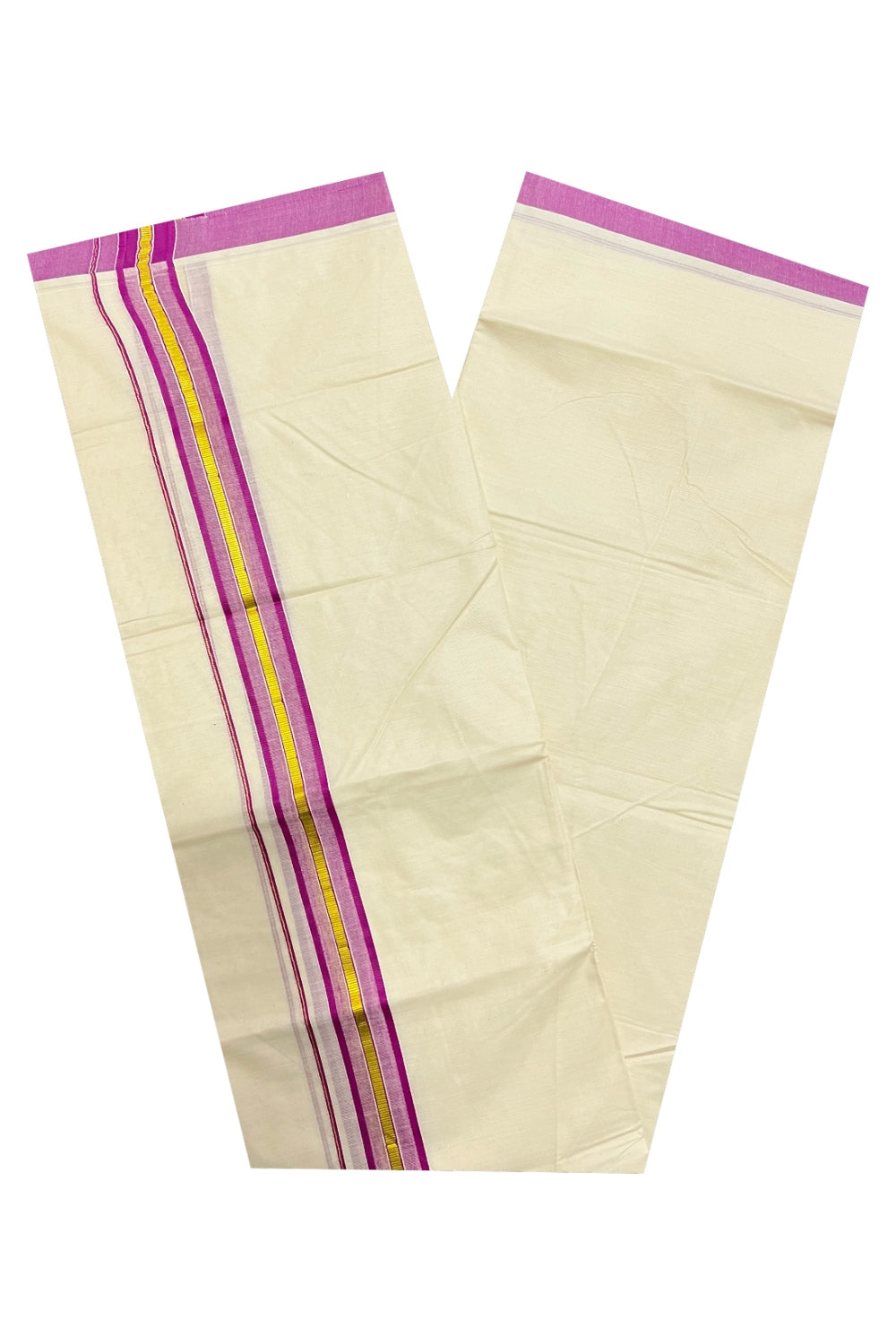 Pure Cotton Off White Double Mundu with Magenta and Kasavu Border (South Indian Dhoti)