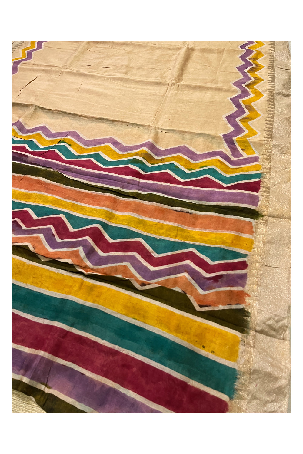 Southloom Cotton Brown Saree with Kasavu Temple Border and Multi Colour Pallu