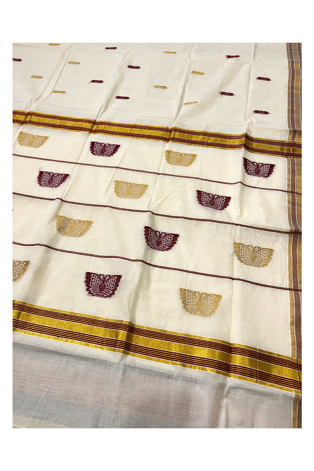 Southloom Pure Cotton Kerala Saree with Kasavu and Maroon Heavy Works