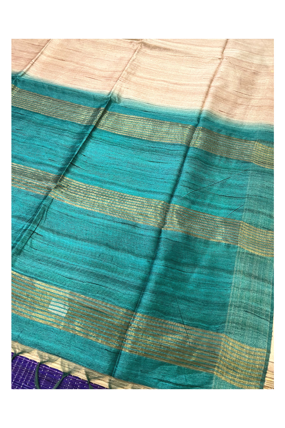 Southloom Beige Semi Tussar Designer Saree with Light Blue Pallu