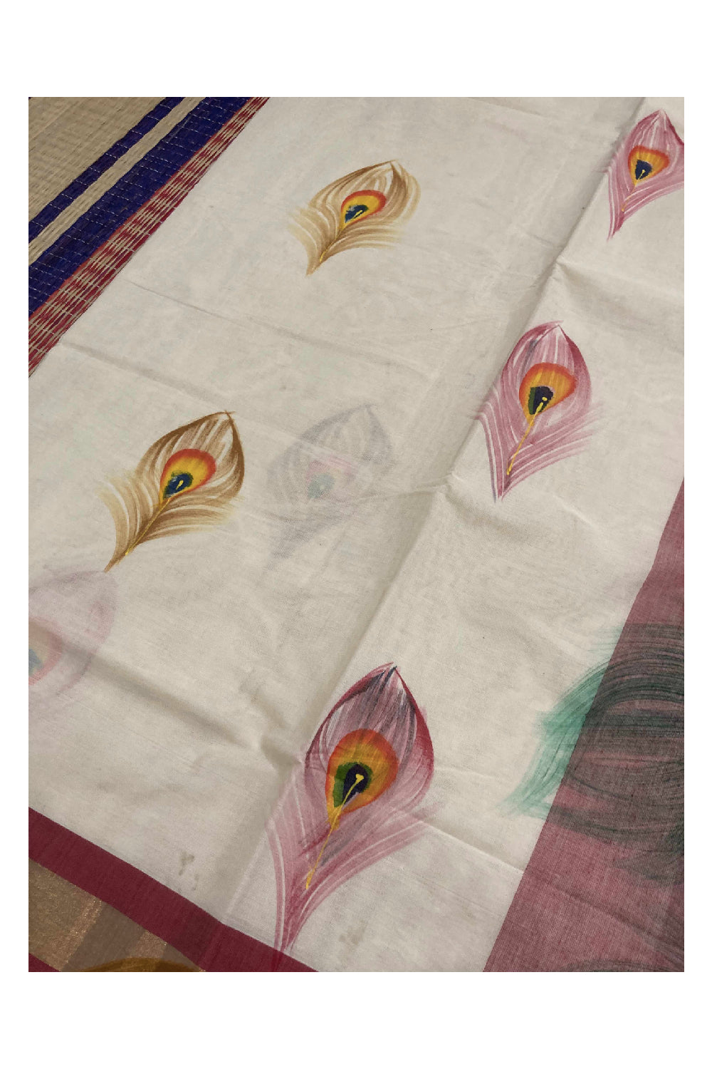 Southloom Maroon Handpainted Mural Kerala Kasavu Saree with Peacock Art