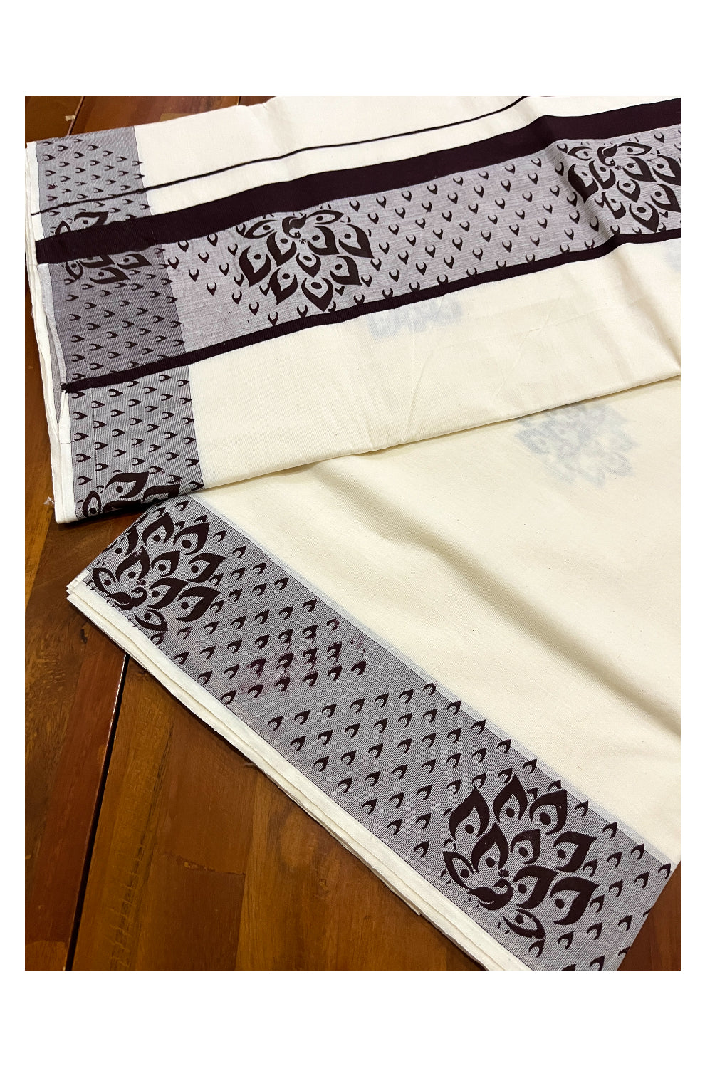 Pure Cotton Off White Kerala Saree with Brown Block Prints on Border