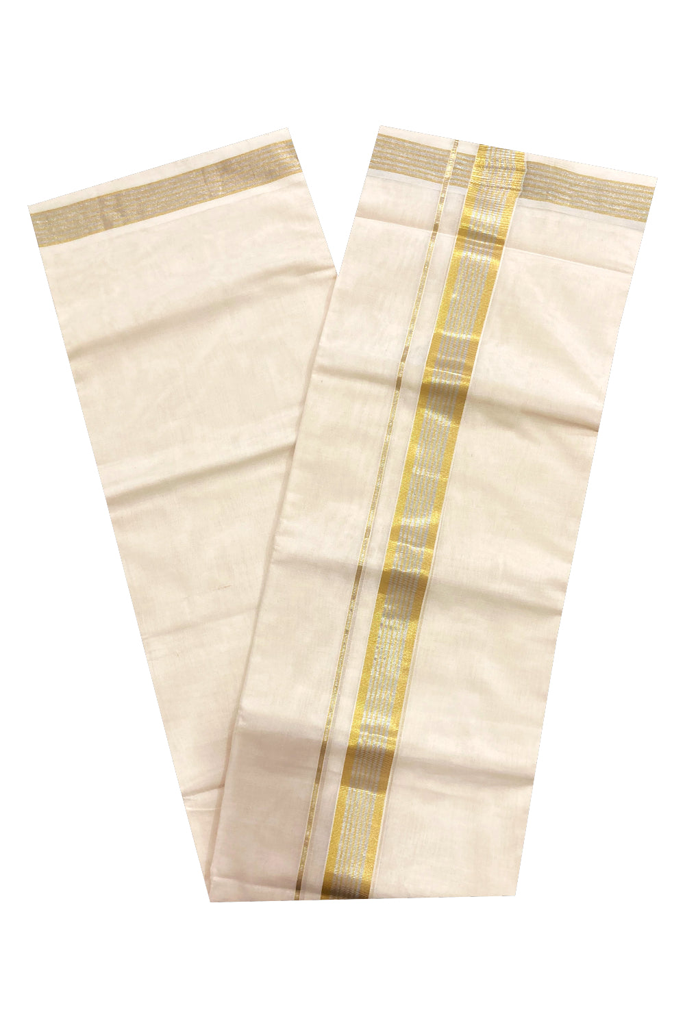 Southloom Premium Handloom Cotton Off White Mundu with Golden and Silver Kasavu Border (South Indian Dhoti)