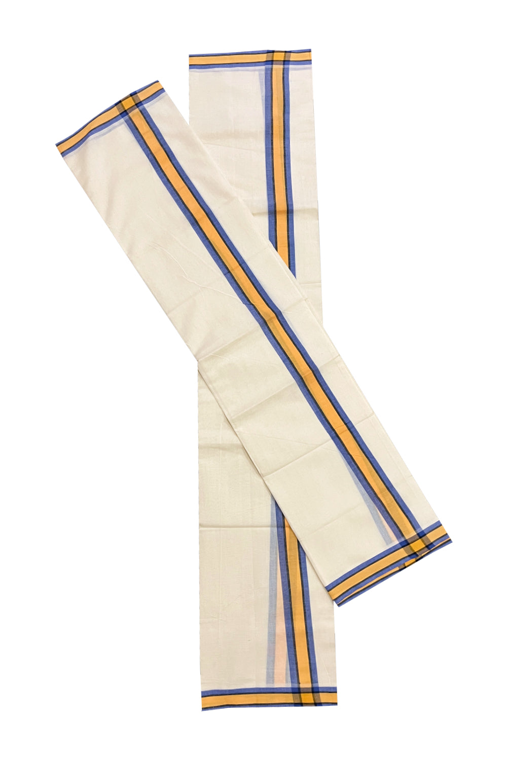 Kerala Cotton Mulloth Mundum Neriyathum Single (Set Mundu) with Yellow and Violet Border (Extra Soft Cotton)