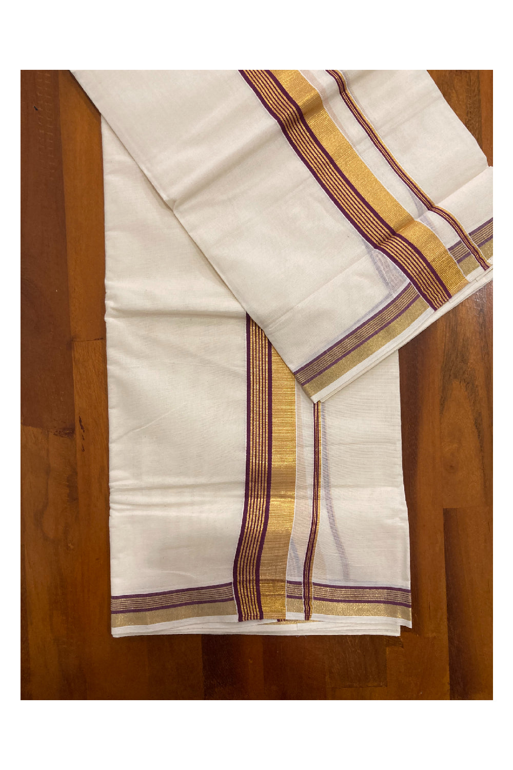 Kerala Cotton Mundum Neriyathum Double (Set Mundu) with Magenta and Kasavu Border