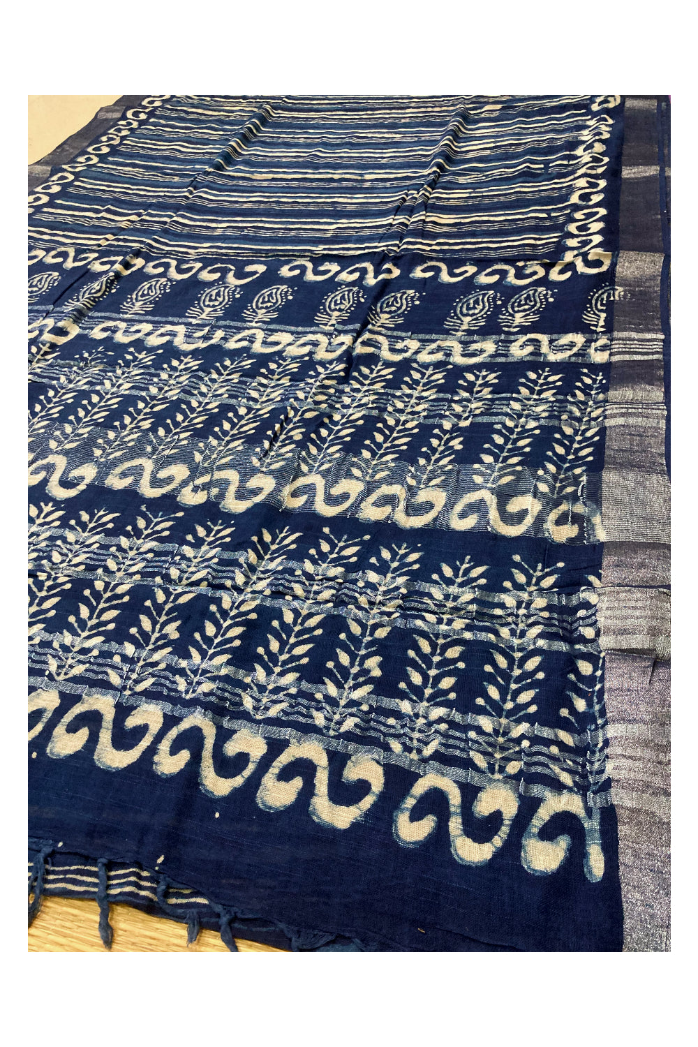 Southloom Linen Indigo Blue Saree with White Designer Prints and Tassels works on Pallu