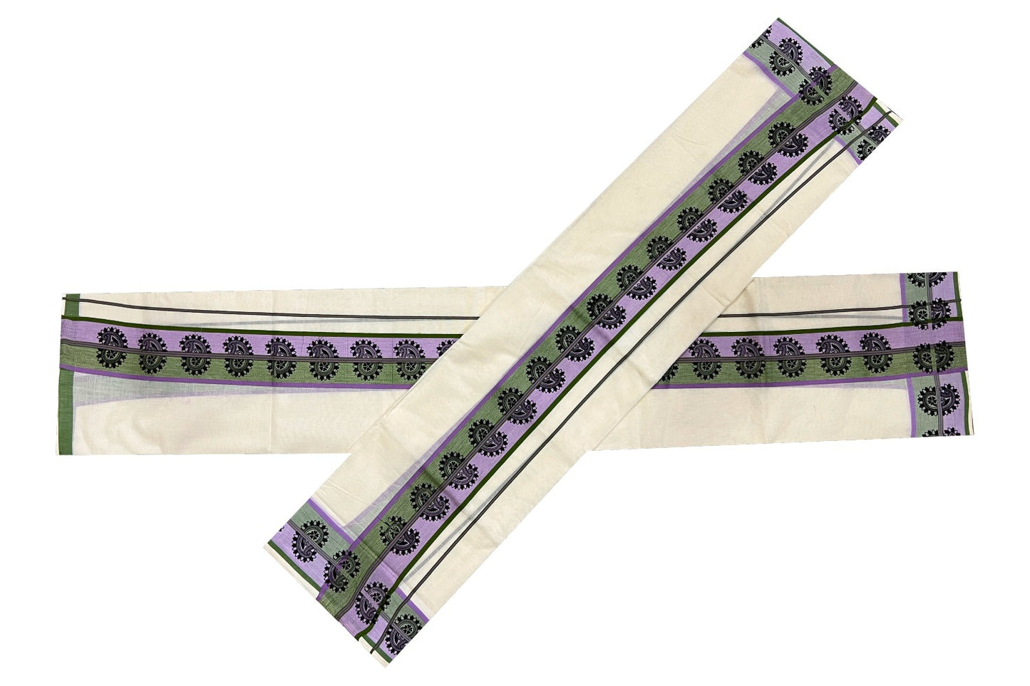 Kerala Cotton Set Mundu (Mundum Neriyathum) with Olive Green Violet Paisley Block Prints on Border