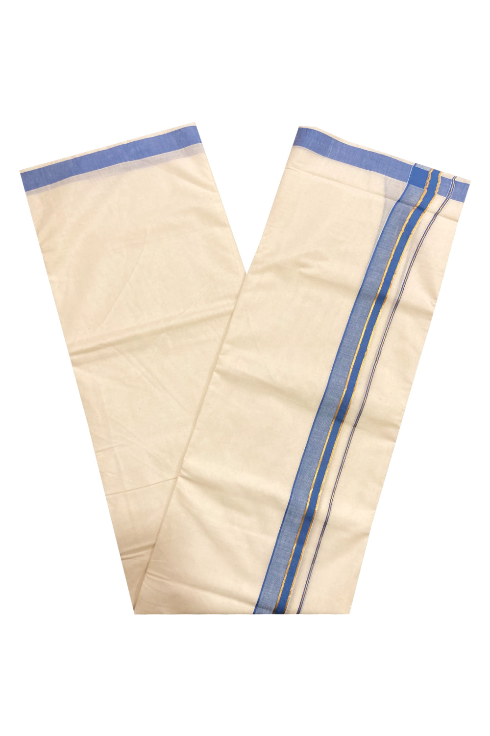 Pure Cotton Double Mundu with Blue and Kasavu Border (South Indian Dhoti)