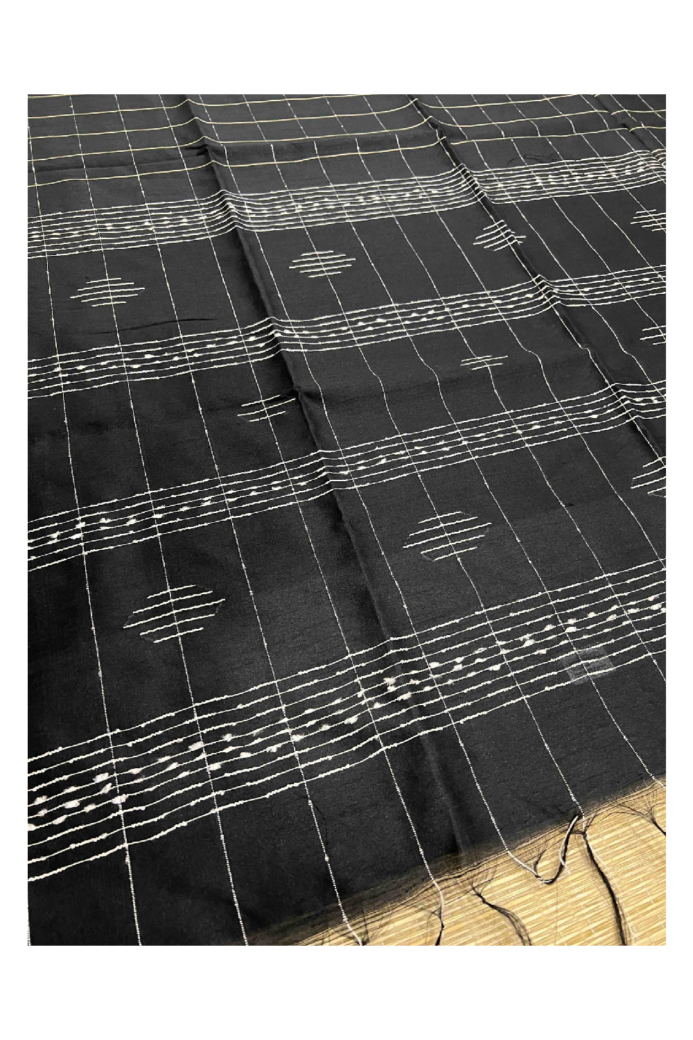 Southloom Black Semi Tussar Checkered Designer Saree with Tassels on Pallu