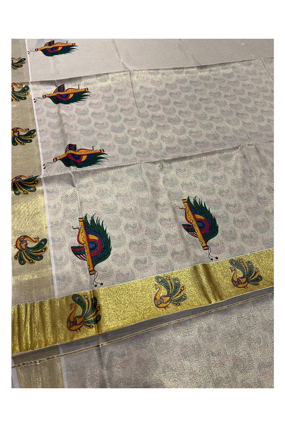 Kerala Tissue Kasavu Saree With Mural Peacock Feather Flute Design and Printed Running Blouse Piece