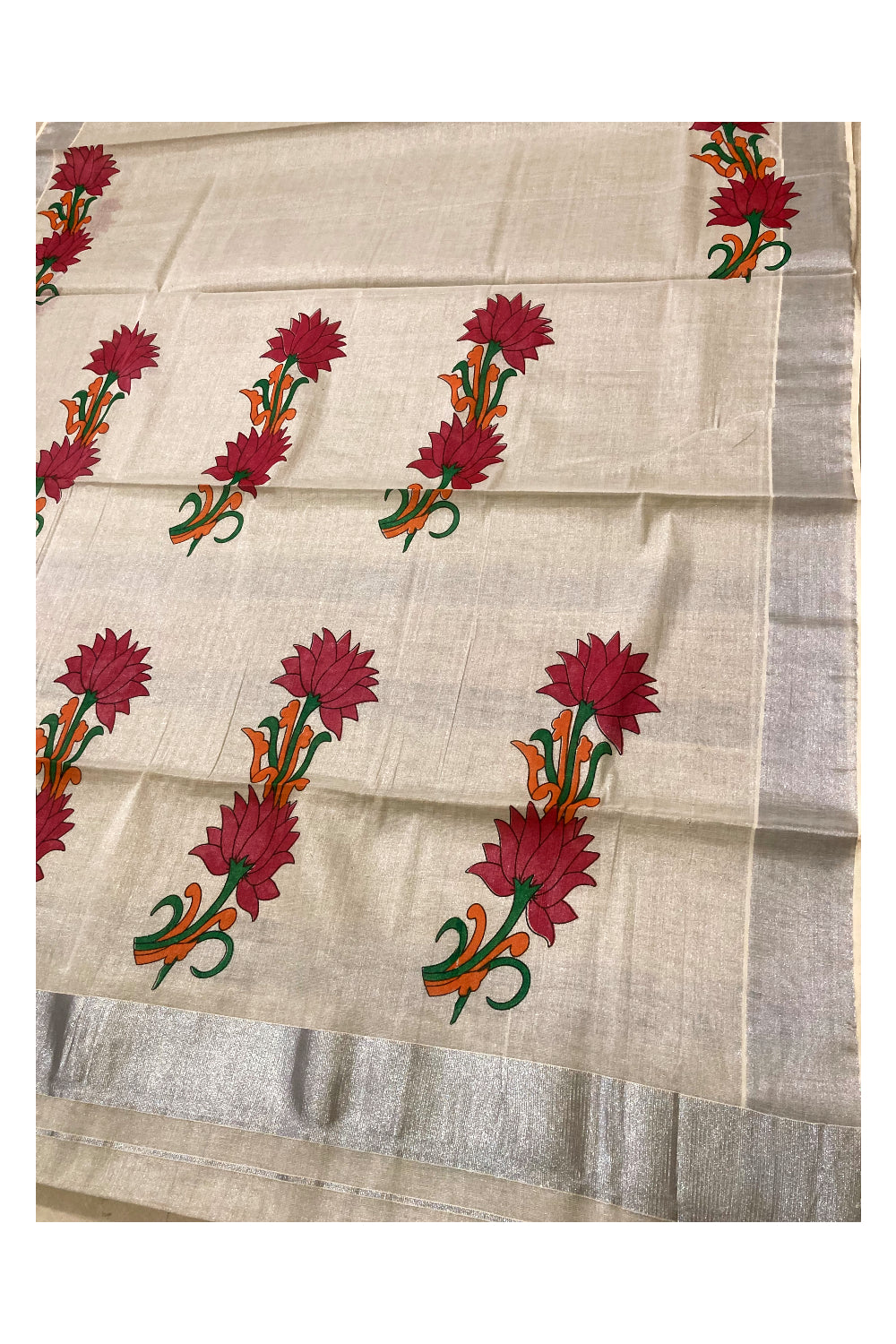 Kerala Silver Tissue Kasavu Saree with Floral Mural Prints