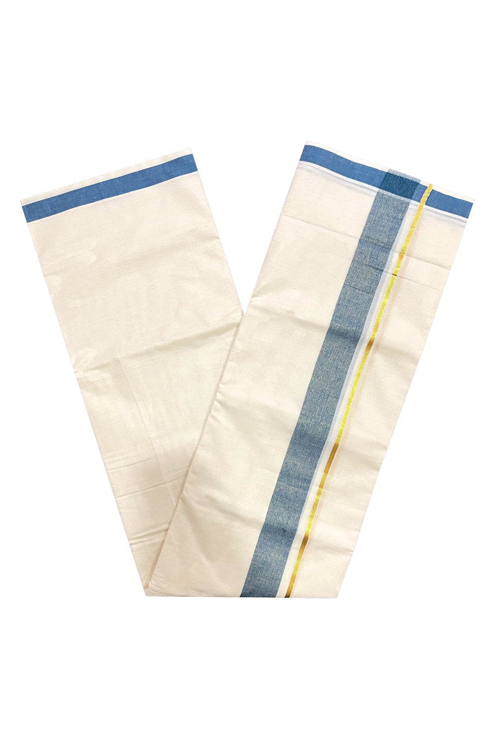 Pure Cotton Double Mundu with Kasavu Blue Kara (South Indian Kerala Dhoti)