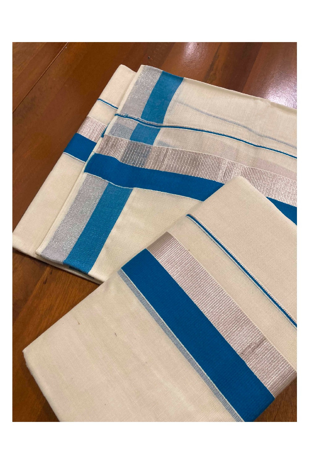 Mundum Neriyathum Double (Set Mundu) with Silver Kasavu and Blue Border 2.80 Mtrs