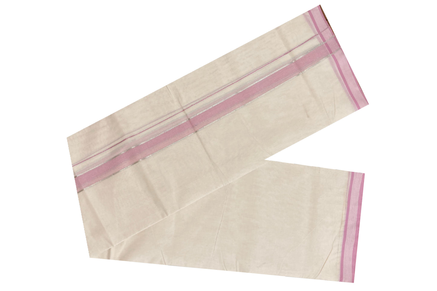 Southloom Balaramapuram Unakkupaavu Premium Handloom Mundu with Pink and SIlver Kasavu Border