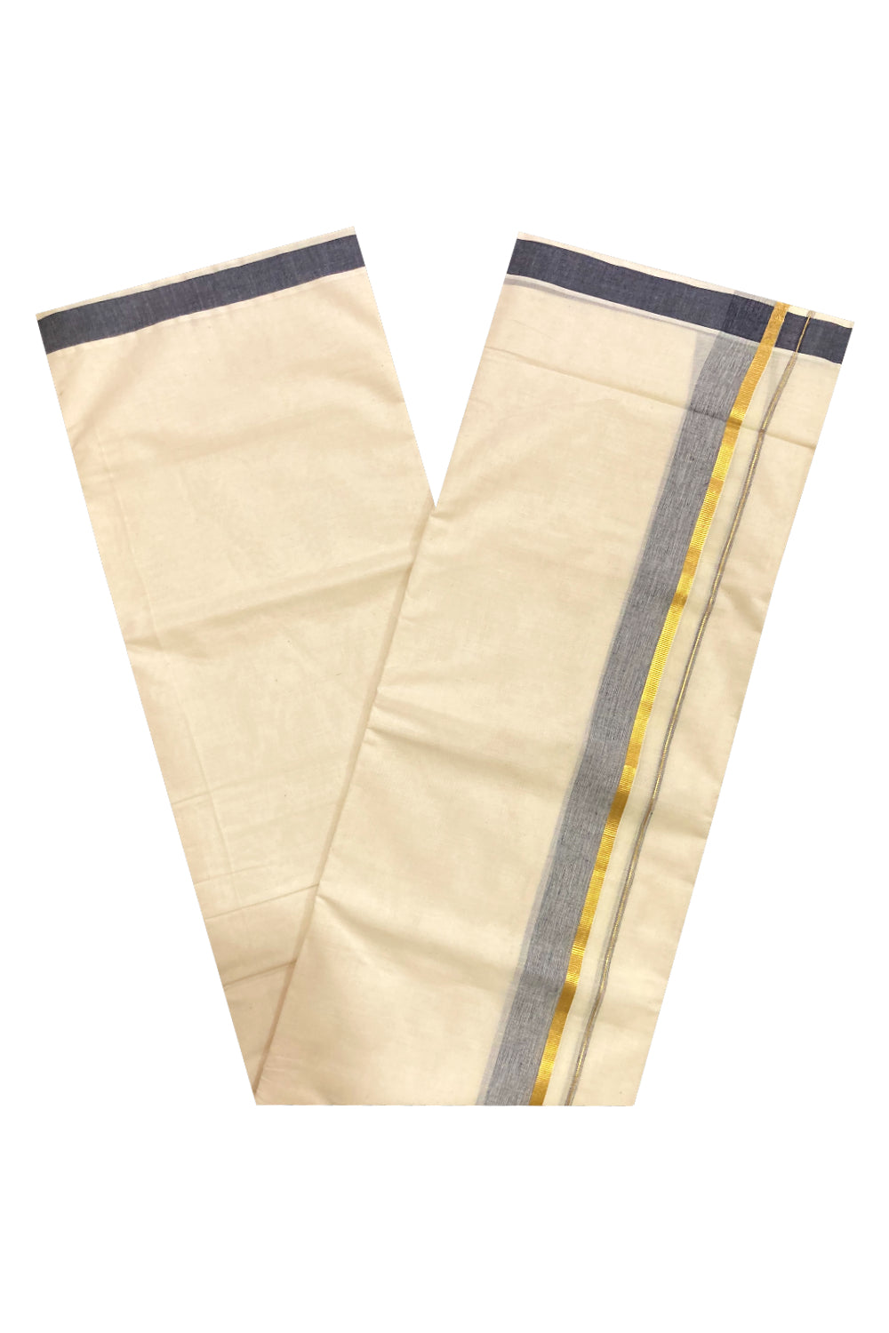 Pure Cotton Off White Double Mundu with Black and Kasavu Border (South Indian Dhoti)