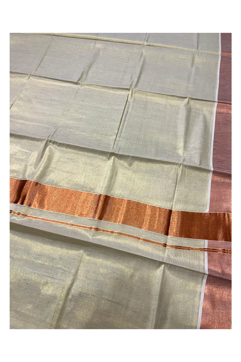 Kerala Plain Tissue Kasavu Saree with 3 inch Copper Border and Pallu