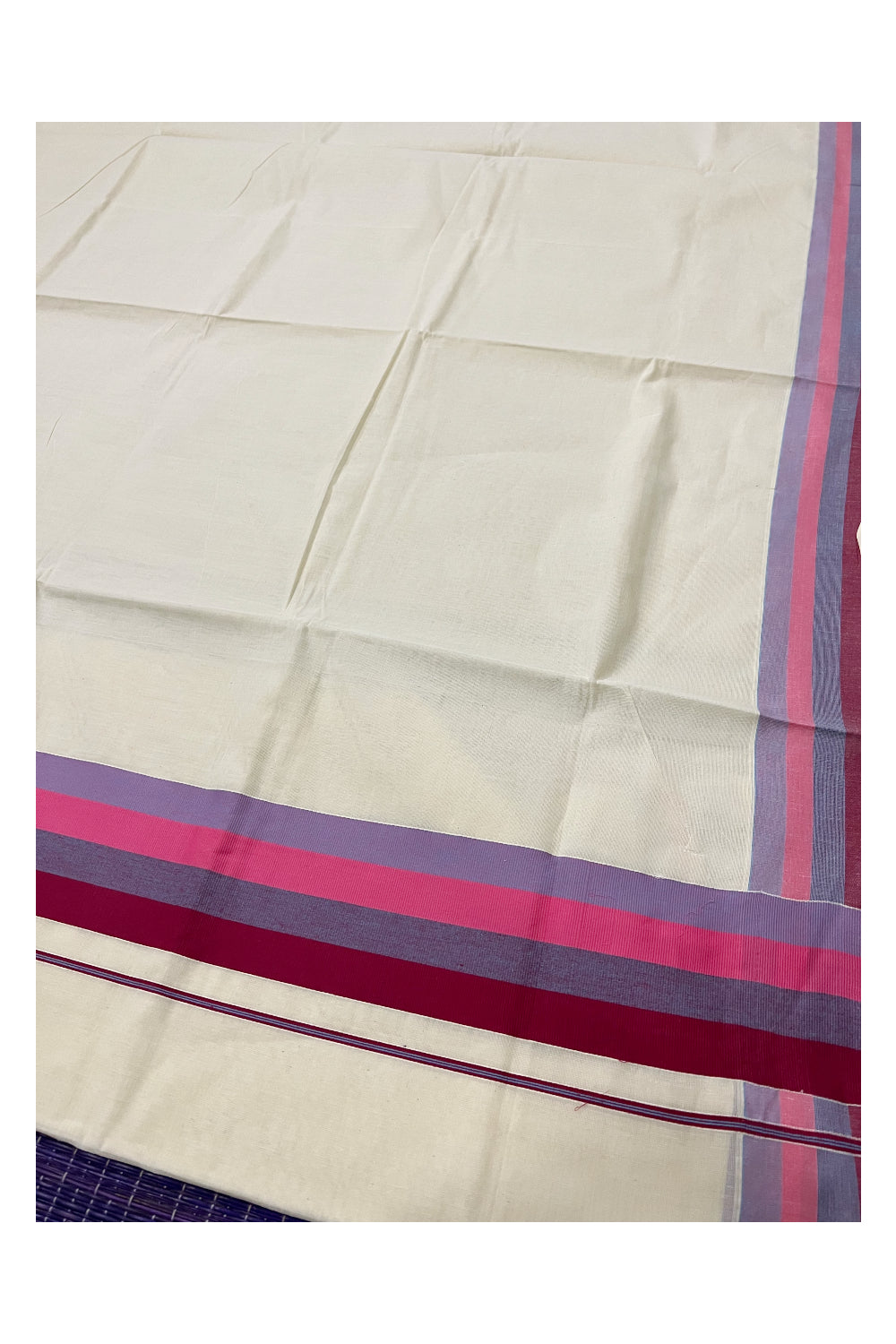 Kerala Cotton Saree with Violet and Maroon Lines Border Design