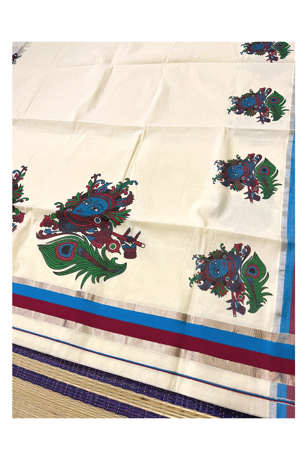 Kerala Pure Cotton Silver Kasavu Saree with Krishna Face Mural Prints and Maroon Blue Border